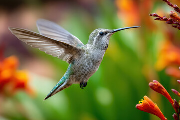 Fototapeta premium Blurred wings of a hummingbird flying near flowers in a garden