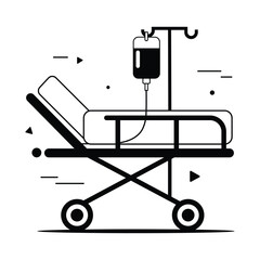 Hospital Bed with IV Drip Illustration in Black and White Medical Treatment Healthcare Concept