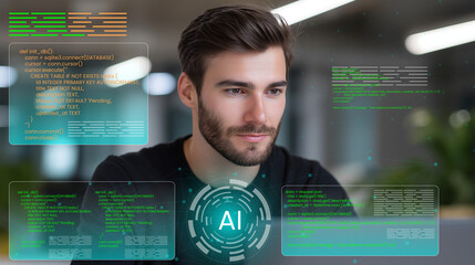 a software engineer working on software development or computer programming using advance digital tools or artificial intelligence, AI programmer digital data science 