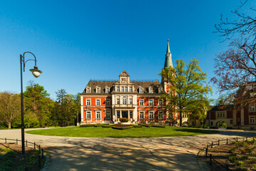 Front view of Pawłowice Palace, historic landmark in Lower Silesia, Poland