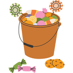Orange Halloween Bucket Filled With Assorted Candies and Cookies on Transparent Background