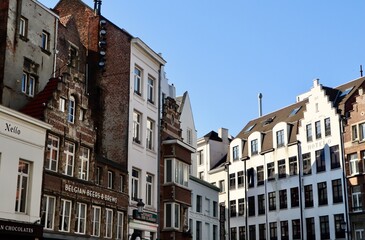Antwerp city street showcasing traditional Flemish architecture and historical facades. Belgium