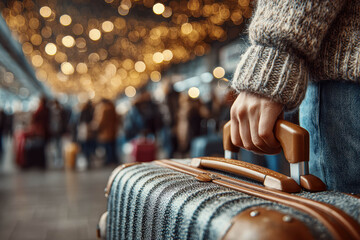 Holiday Travel Under Delays, close-up of traveler’s hand gripping leather suitcase in crowded terminal with glowing festive lights, highlighting seasonal commute disruption, solo resilience