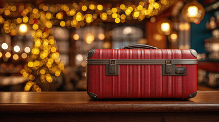 Holiday Travel Under Delays, red suitcase on wooden counter in cozy festive interior with glowing Christmas lights, symbolizing seasonal mobility disruption, emotional pre-departure pause and quiet