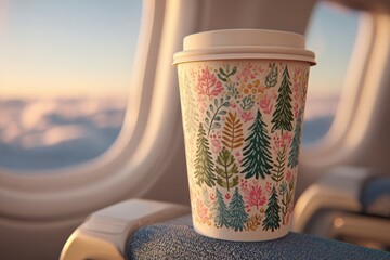 Holiday Travel Under Delays, festive paper cup with Christmas pattern resting on airplane armrest at sunrise, capturing inflight rituals, cozy solo travel routines and quiet seasonal delays in warm