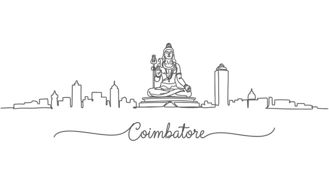 Coimbatore India Skyline with Lord Shiva Statue Line Art