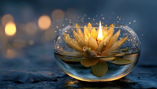 Small organic candle shown in floating biotic sphere with petals rain droplets and twilight