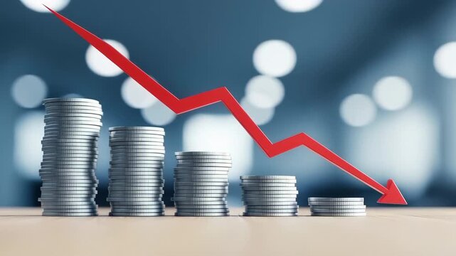 A falling red arrow over coin stack signals market decline, economy loss, downturn risk, savings anxiety, finance investment market economy decline, loss downturn, risk savings coin, falling profit
