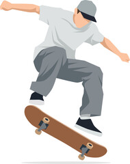 Fototapeta premium A stylized illustration of a skateboarder performing a trick, mid-air, wearing casual clothing and a cap.