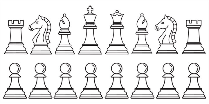 A complete set of 16 white chess pieces in vector style