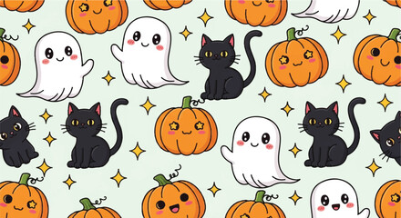Obraz premium Cute Kawaii Halloween Pattern with Black Cats, Pumpkins, and Ghosts.