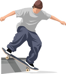 Vector illustration of a skateboarder performing a trick on a ledge, wearing a beanie, t-shirt, and baggy pants.