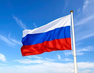 A close-up shot of the Russian flag waving in the wind against a blue sky with fluffy clouds
