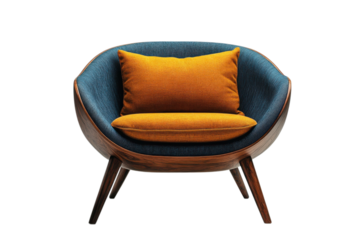 Modern blue armchair with wooden frame and orange cushions on a black studio background on transparent background