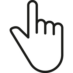 A Black Outline Icon of a Hand With the Index Finger Pointing Up Against a Transparent Background Representing a Cursor or Selection Action