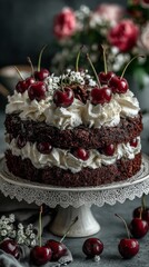 Rustic Chocolate Cake with Cherries and Mint