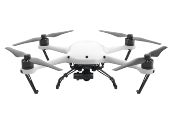 Sleek white drone with camera and four propellers against a for aerial photography on transparent background