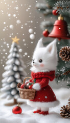 The Christmas concept. A composition with a Christmas tree and a white fox in red clothes, a basket with Christmas toys. New Year's lights snow.