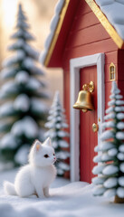 The Christmas concept. A composition with a Christmas tree and a red house. The white fox. New Year's lights.