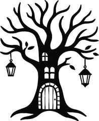 Fantasy Tree Silhouette with Lanterns and Built-In House Magical Nature and Architecture Vector Illustration