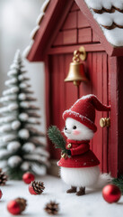 A composition with a Christmas tree and a white fox in a red hat holding a fir twig near a red house. There are pine cones all around.