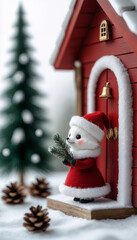 The Christmas concept. A composition with a Christmas tree and a white fox in a red hat holding a fir twig near a red house. New Year's lights snow.