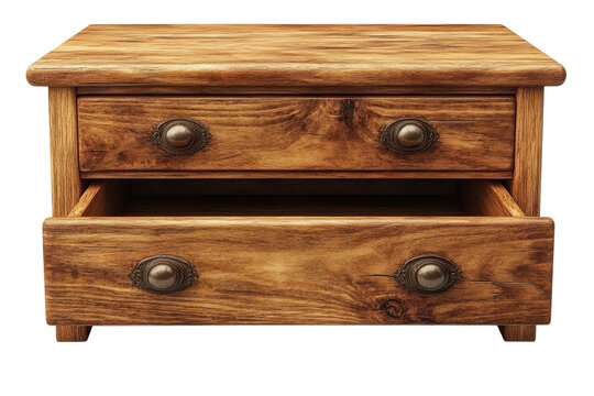Rustic wooden two-drawer bedside table with round knobs isolated on Transparent Background