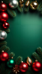 The Christmas concept. top view, green, red trinkets, decoration in the form of a pine cone, snow and fir branches on a green background with an empty space
