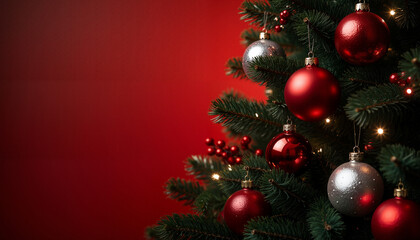 Festive Christmas tree decorated with ornaments and glowing lights in bokeh style on a bright red background. an illustration created using Generative AI