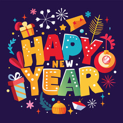 Print Colorful new year typography with gifts ornaments and festive elements