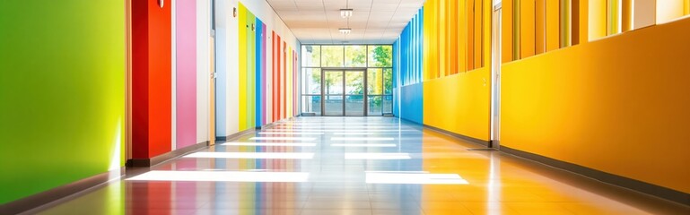 Fototapeta premium Vibrant School Hallway with Colorful Walls and Natural Light, Creating an Inviting and Inspiring Educational Environment