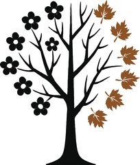 Seasonal Tree Silhouette with Flowers and Falling Leaves Nature’s Cycle Vector Illustration