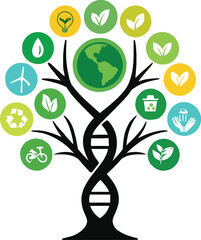 DNA Tree with Globe and Environmental Icons Sustainability and Eco-Consciousness Vector Illustration