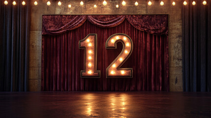 Illuminated Number 12 on Stage. Large illuminated number 12 on a stage backdrop, suitable for event promotions and theatrical signage.