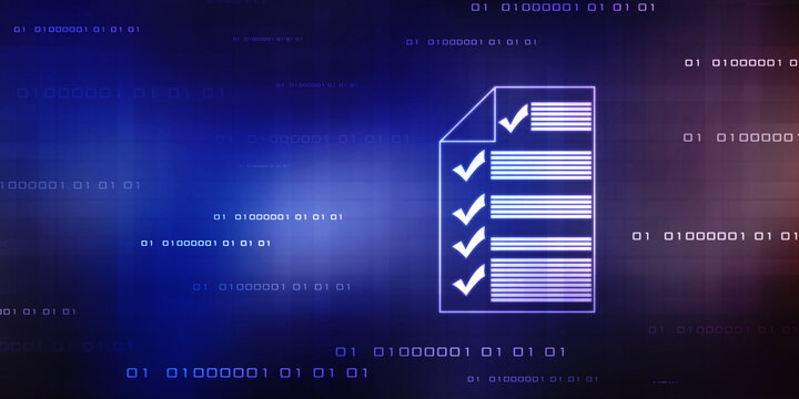 Check Mark on Abstract Blue Backgroud. Quality Control, Guarantee, Checklist, Survey, Compliance Concept, Technology abstract background