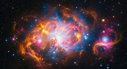 Naklejka premium Vibrant nebula glows cosmic dust clouds and distant stars in deep space panorama