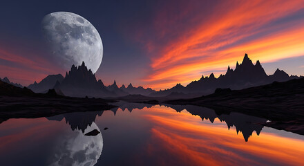 Fototapeta premium Dreamy twin landscapes moonlit night meets fiery sunset reflection on water