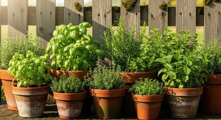 Fototapeta premium Freshly potted culinary herbs basking in the sunlight, perfect for adding a touch of green to your kitchen or garden, promoting healthy eating and sustainable living in your home