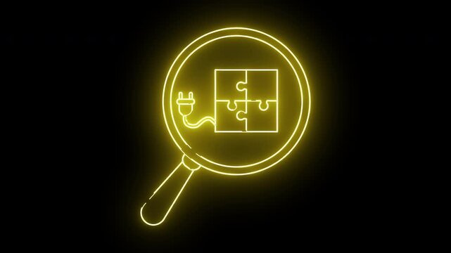 A yellow neon magnifying glass with a jigsaw puzzle and an electrical plug inside on a black background