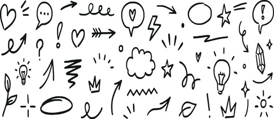 Collection of hand-drawn doodle icons including hearts stars arrows and thought bubbles