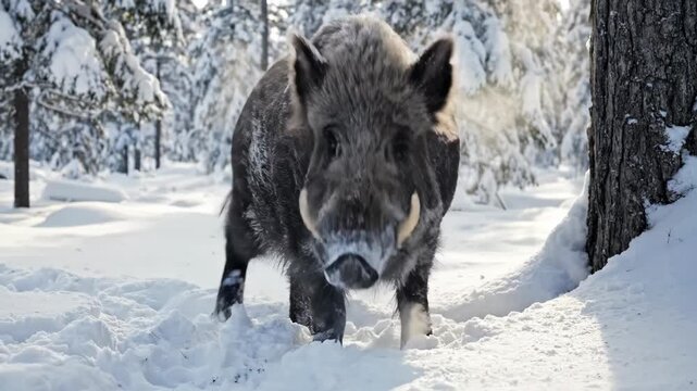 Wild boar with large tusks digging in the deep snow. A powerful animal breathing steam in a cold winter forest. Close-up of wildlife in nature