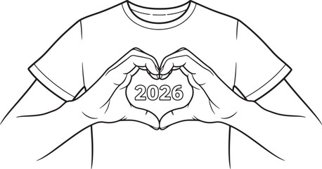 Minimal hands heart 2026 T-shirt vector outline design illustration on white background