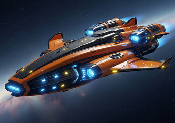 Fototapeta premium Futuristic orange spaceship with glowing blue lights soaring through space