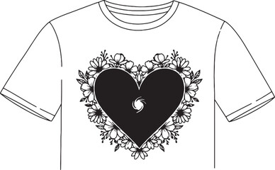 Floral Heart T-Shirt Design, Black and White Vector Art for Apparel and Print Templates