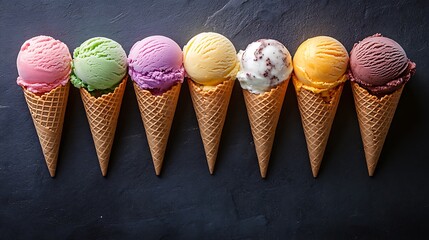 Selection of colorful ice cream scoops in paper cones