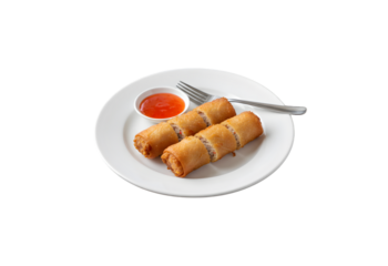 Die cut of Crab Meat Rolls that are deep-fried, served with a fork on a white backdrop