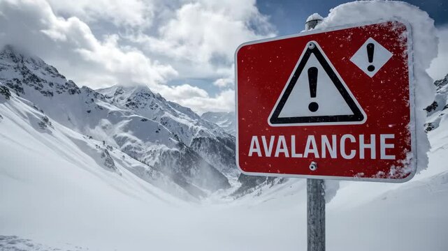 Avalanche warning sign in a snowy mountain landscape. Snow falling in a cold winter alpine valley. Danger, risk, and safety concept in extreme weather conditions