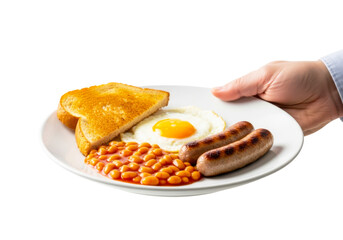 Breakfast plate isolated on transparent background featuring toast, egg, beans, sausage
