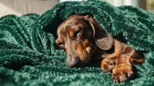 A cute brown dachshund dog sleeping under a cozy green blanket. Adorable pet resting comfortably on a couch at home. Domestic animal comfort and relaxation