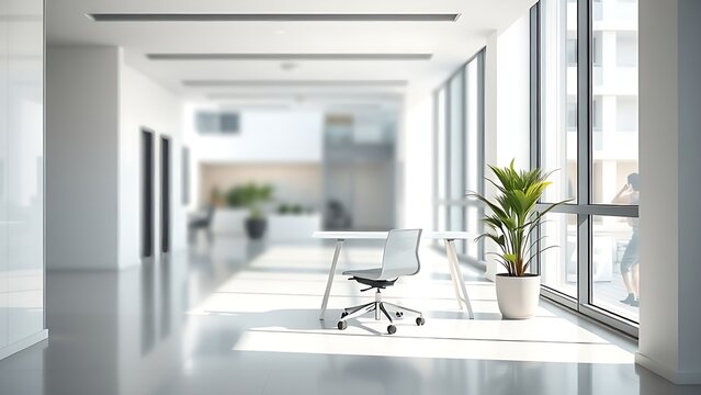 A clean minimalist office interior with an ergonomic chair and potted plant.Corporate Promotion and Brand Showcase.Design References and Case Studies.
